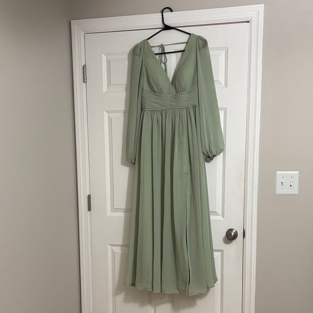Azazie Dusty Sage Green V-Neck Long Sleeve Maxi Dress
